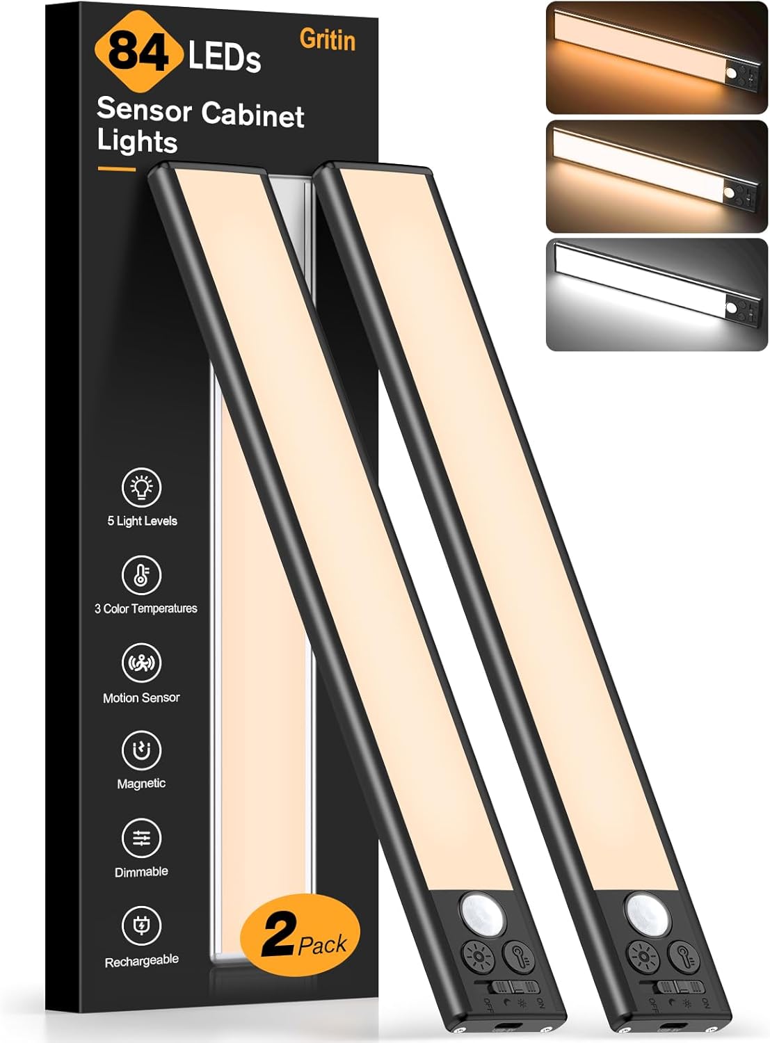 Gritin Under Cabinet Kitchen Lights Rechargeable 2 Pack-3 Color Temps