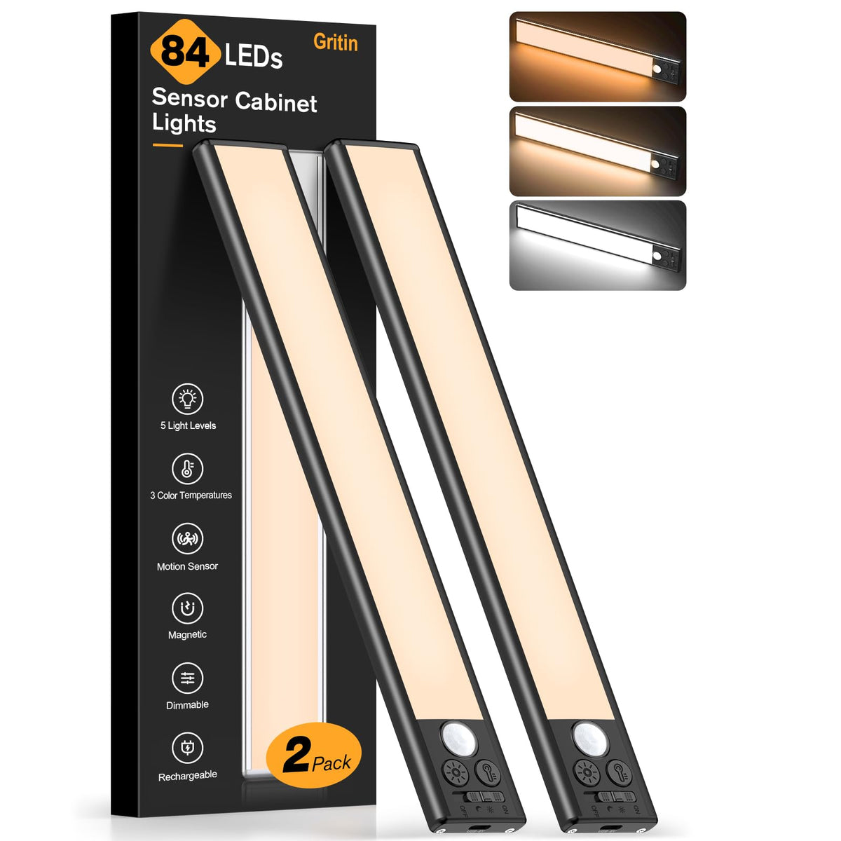 Gritin Under Cabinet Kitchen Lights Rechargeable 2 Pack-3 Color Temps