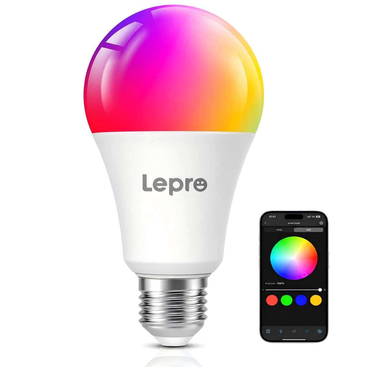 Lepro E27 Smart Bulbs, 806lm 8.5W, RGB Colour Changing, AI Lighting, 2 Pack