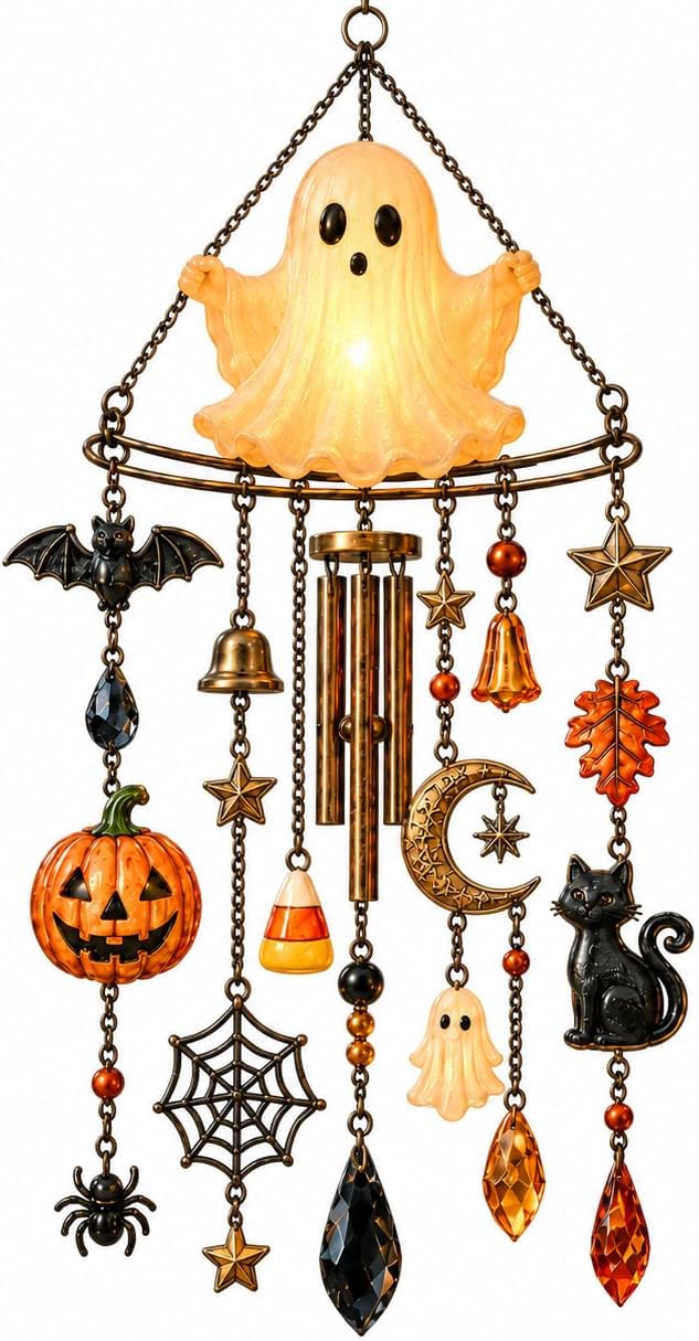 Halloween Ghost Wind Chime, Light Up Hanging Decoration with Pumpkin, Black Cat, Bat and Moon Charms, Warm Glow Halloween Decor for Window and Entryway