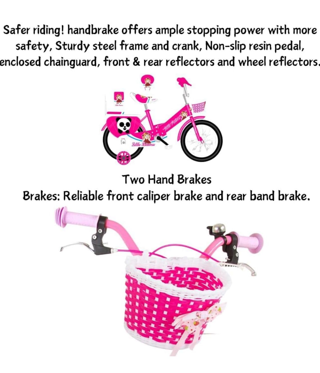 Pink Girls Bike 16" with Stabilisers, Basket & Bell — Adjustable Seat & Handlebars