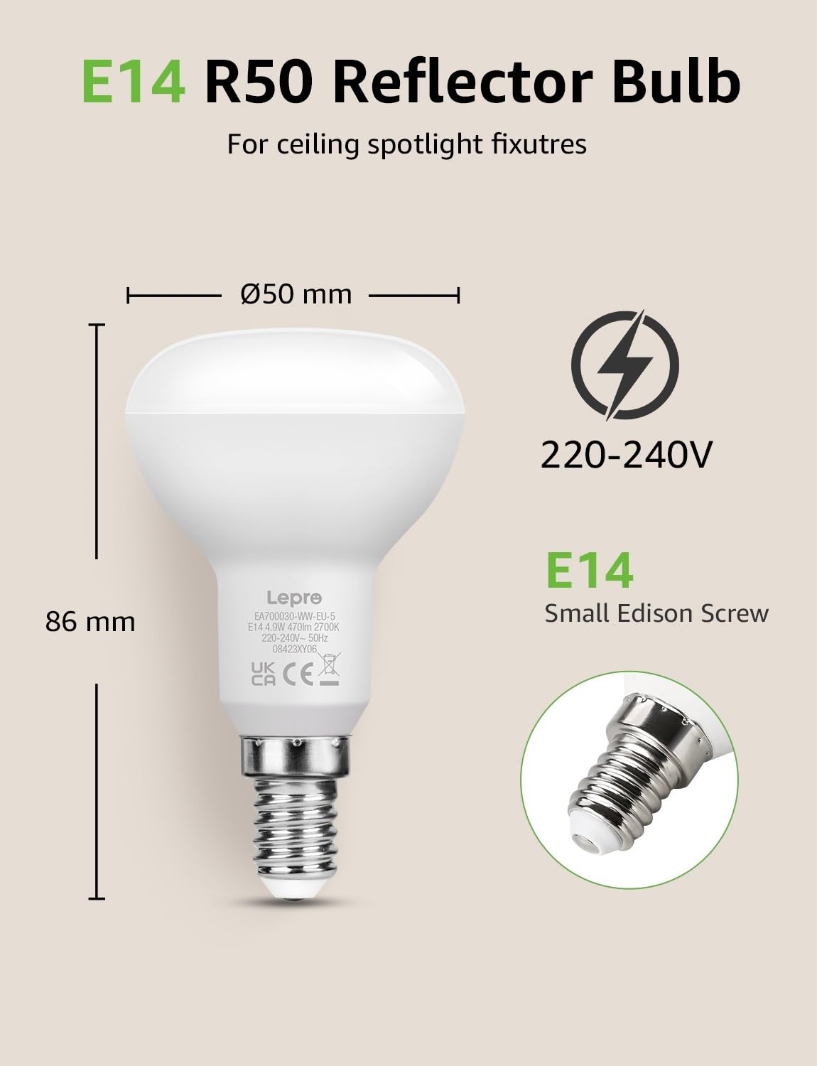 Lepro R50 E14 LED Light Bulb, Warm White 2700K, 4.9W=40W, 470LM, Pack of 3