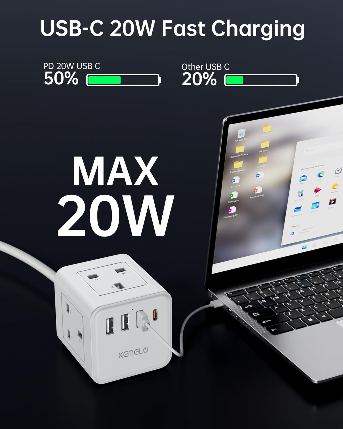 Cube Extension Lead with 4 USB Slots, Kemelo 4 Way (13A/3250W) Multi Plug Extension Cable with Child Safety UK Desktop Power Extension Socket,1.5M Extension Cords for Home Dorm Office Travel, Black