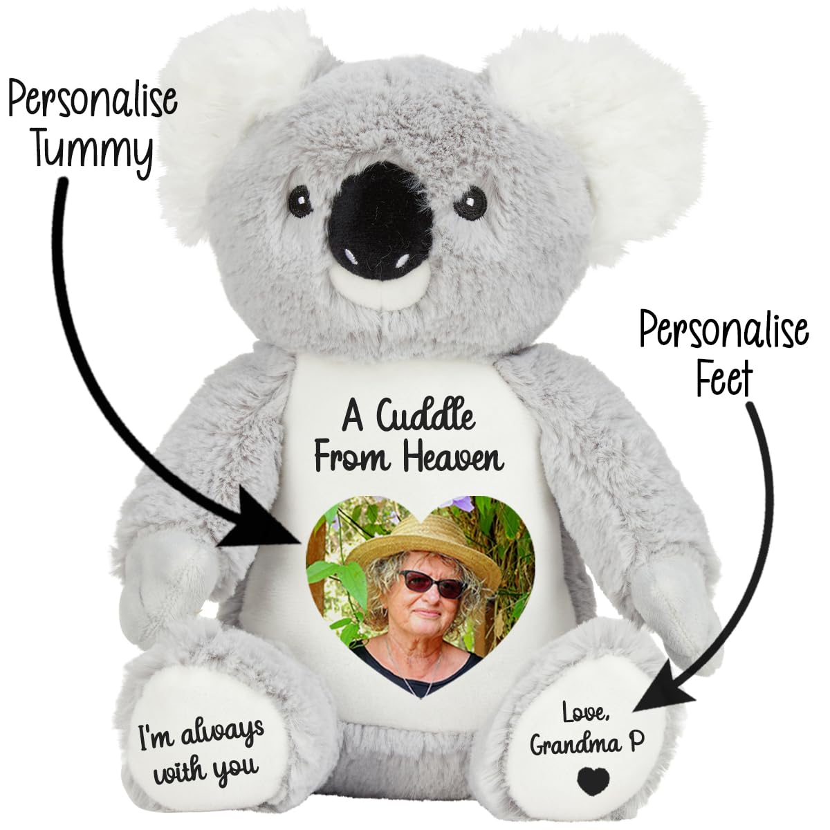 Personalised Memory Teddy Bear with Heart-Shaped Photo – “A Cuddle From Heaven” Keepsake Gift – 28 Bear Styles – Add Your Text & Choose Colour – Custom Memorial Bear (White Angel Teddy)