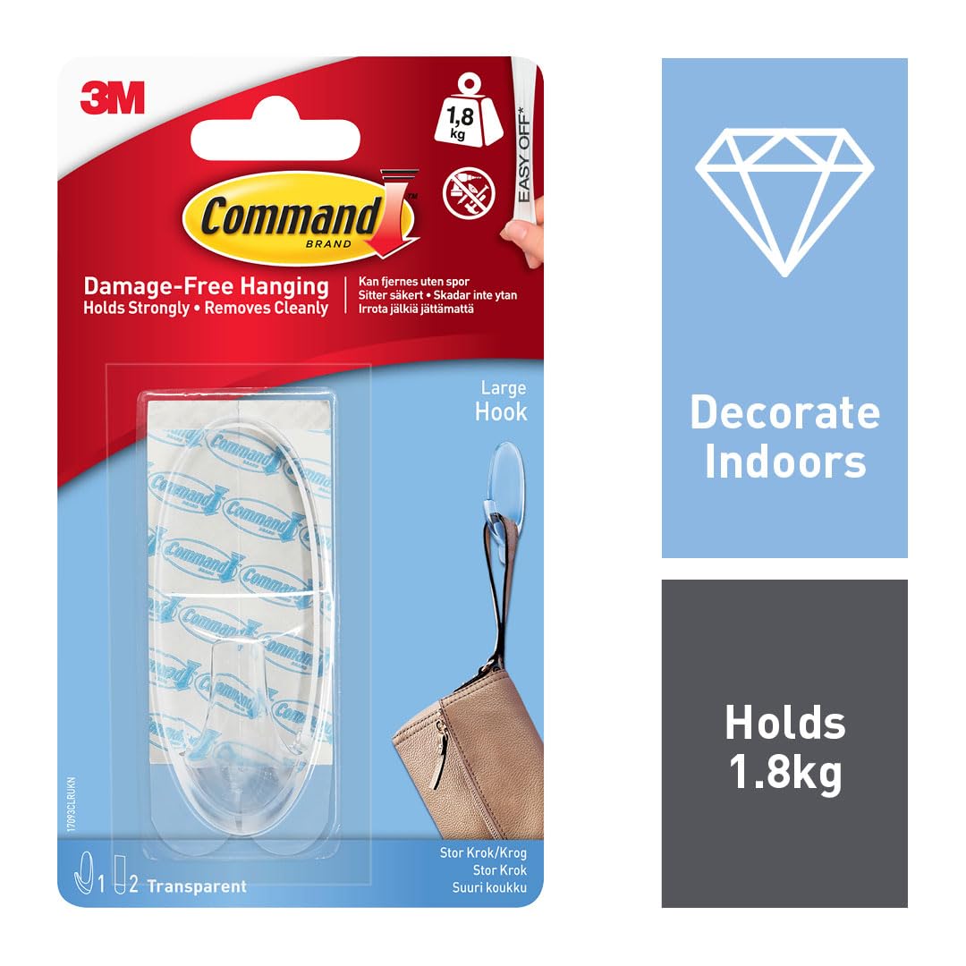 Command Small Hooks with Clear Strips, Pack of 2 Hooks + 4 Adhesive Strips, Transparent - Indoor Use - Suitable for Hanging Items up to 450 g - Damage Free Hanging