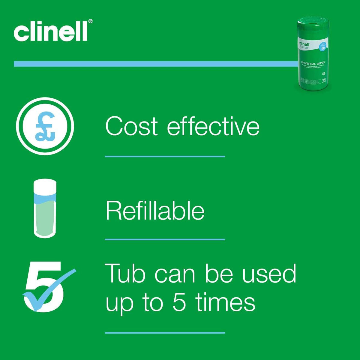 Clinell Universal Cleaning and Disinfectant Wipes for Surfaces - Tub of 100 Wipes - Multi Purpose, Kills 99.99% of Germs, Quick Action - 275mm x 190mm - Neutral Scent