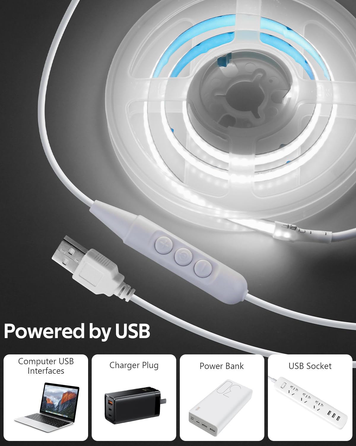 Aclorol 3M COB LED Strip Light Warm White 3000K 5V USB Flexible LED Light Strip 8mm Width Dimmable CRI85+ Dotless Tape Light High Density 320LEDs/M for Bedroom Kitchen Under Cabinet Home Decor