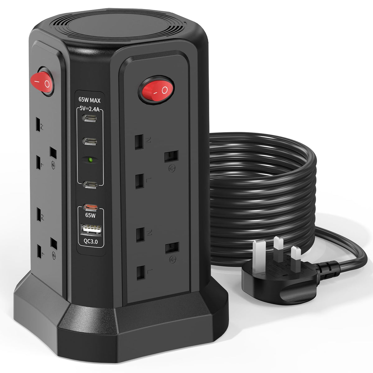 HAFINO Tower Extension Lead 3M with USB Slots and Night Light, 4 Switches