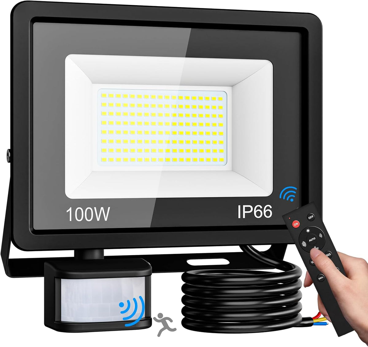 vighep Security Lights Outdoor Motion Sensor, 100W Led Pir Floodlight with Remote Control, 6500K Cold White IP66 Waterproof Outside Wall Light Mains Powered for Garage Backyard Garden Doorway