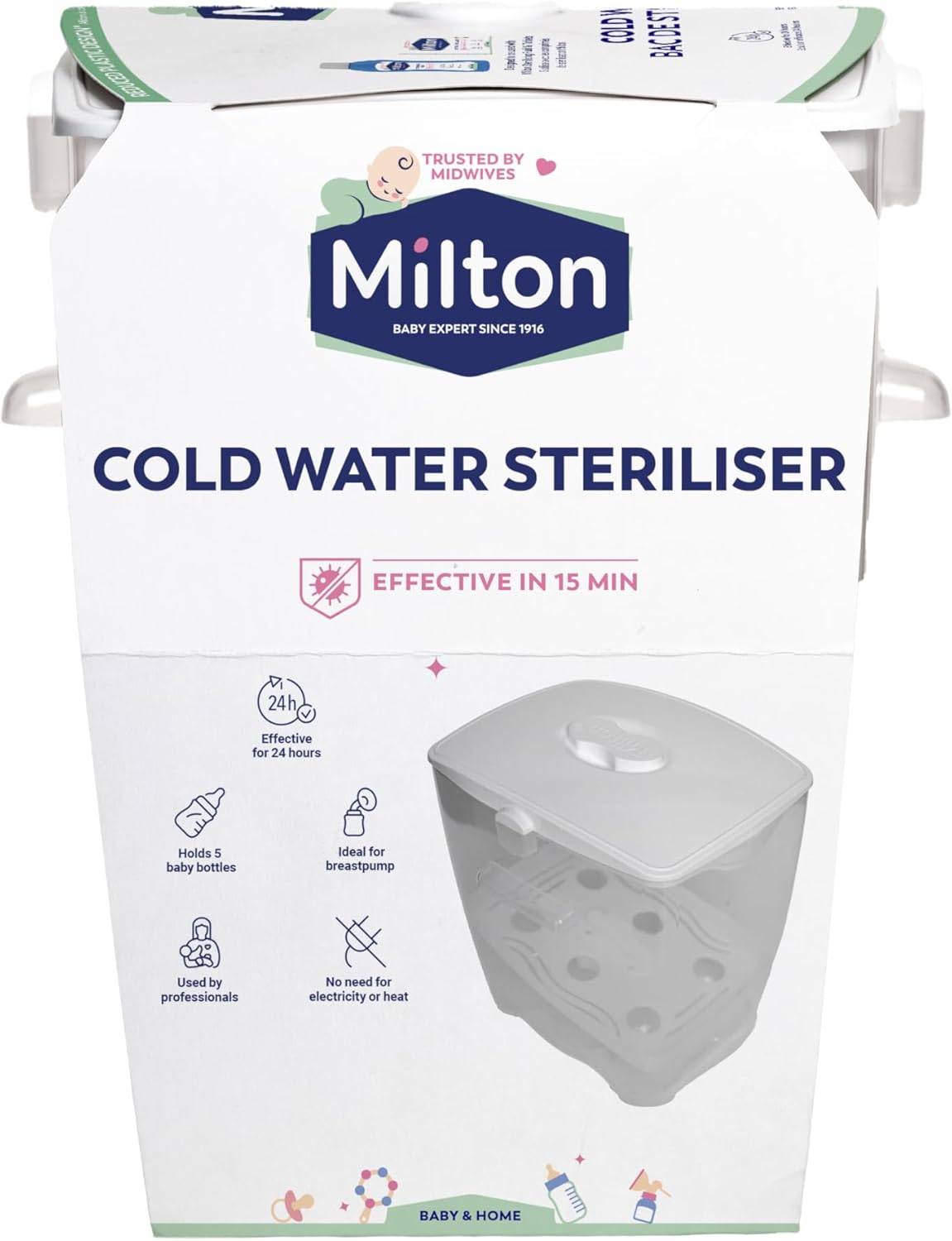 Milton Cold Water Steriliser, Kills 99% of Germs, Sterilises in 15 Minutes, Fits up to 6 Standard Baby Bottles, Used by Healthcare Professionals, White
