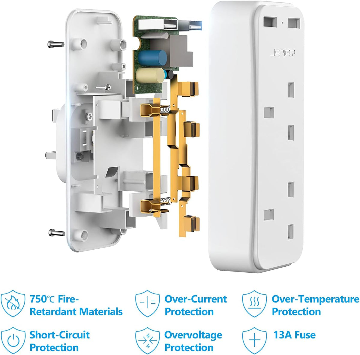 Double Plug Adaptor with 2 USB, JSVER Mini 2 Way Plugs Extension Sockets with USB Ports(5V/2.4A) Wall Charger Adapter, 13A UK 3 Pin Power Socket for Home, Office, Kitchen,White