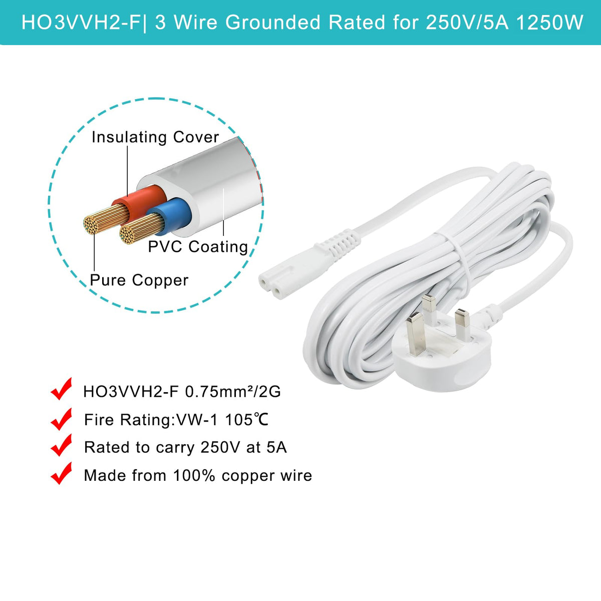 power 5M UK 3PIN Plug to IEC C7 Figure 8 Replacement Mains Cable Compatible with PS5, Xbox Series X, tv, Samsung, LG, Sony