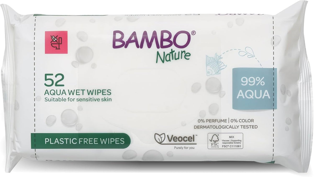 Bambo Nature Aqua Wet Wipes, 1 Pack (52 Wipes), 99% Water, Sensitive Skin Safe, Extra Soft Baby Wipes with 100% Veocel Viscose, Irritation Free for Delicate Skin, Fragrance Free, Ideal for Daily Use