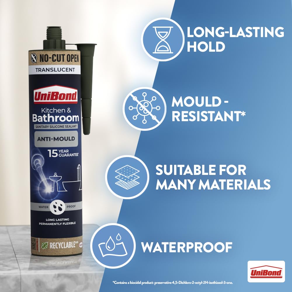 UniBond Kitchen and Bathroom, Mould-Resistant Transparent Sealant, 280 ml