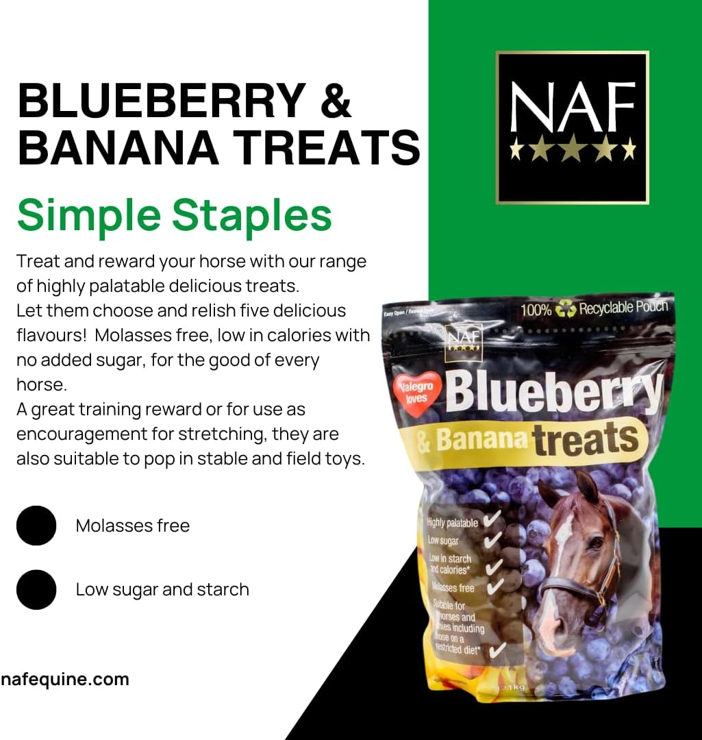 NAF Blueberry & Banana Horse Treats 1kg – Natural Low-Sugar Equine Snacks – Laminitis-Friendly Healthy Horse & Pony Treats – Nutritious Daily Reward for Training, Bonding & General Feeding