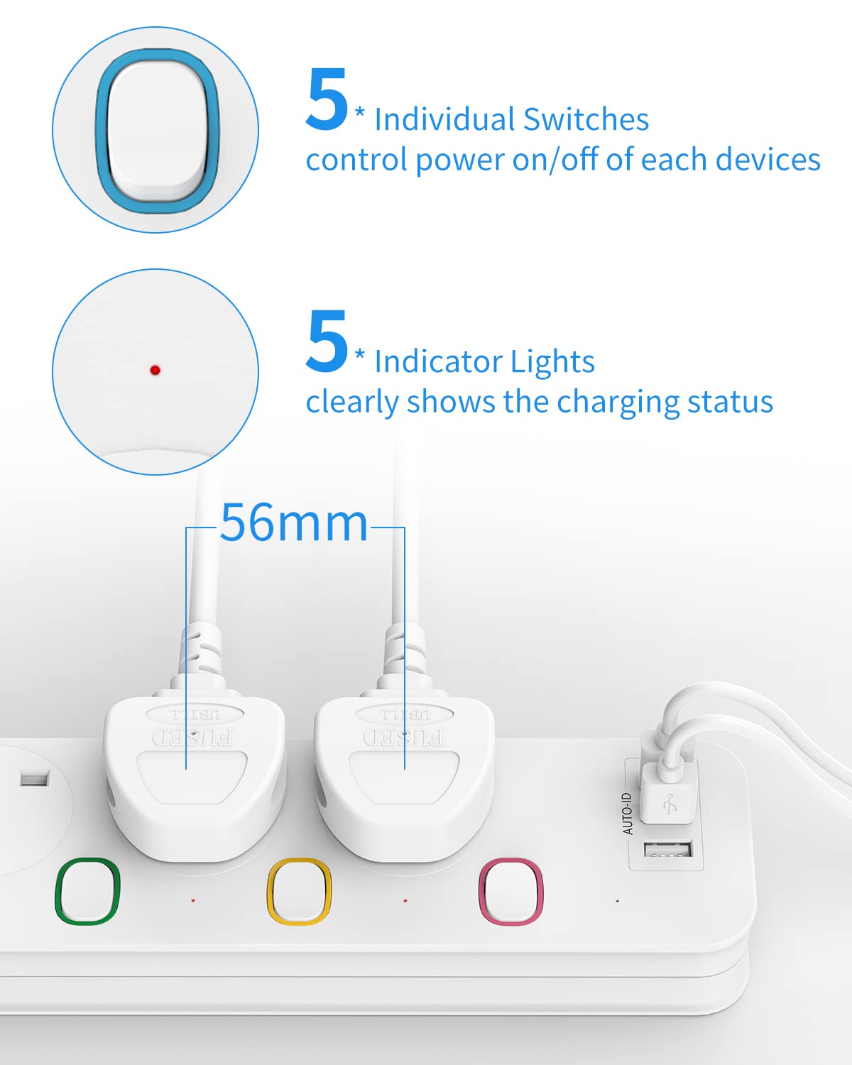 Mscien Extension Lead 1M with USB Slots 4 Way Wall Mounted, 1M Extension Lead Switched with Multiple Protection, Fused Power Strip 4 Sockets White, 13A/3250W