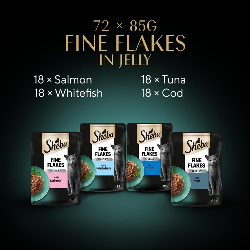Sheba Fine Flakes in Jelly – Poultry Collection – Wet cat food pouches for adult cats – 72x85g pack