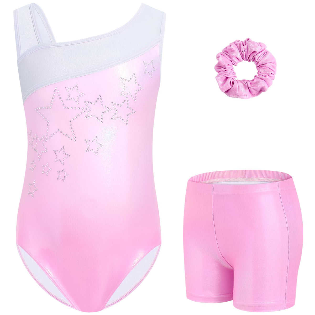 Gogokids Girls' Three-Piece Gymnastics Set, Sleeveless Leotards with Shorts and Hairband, Sparkling Ballet Dancing Unitards - Gymnastics Outfit with Gradient Color Design for 3-12 Years