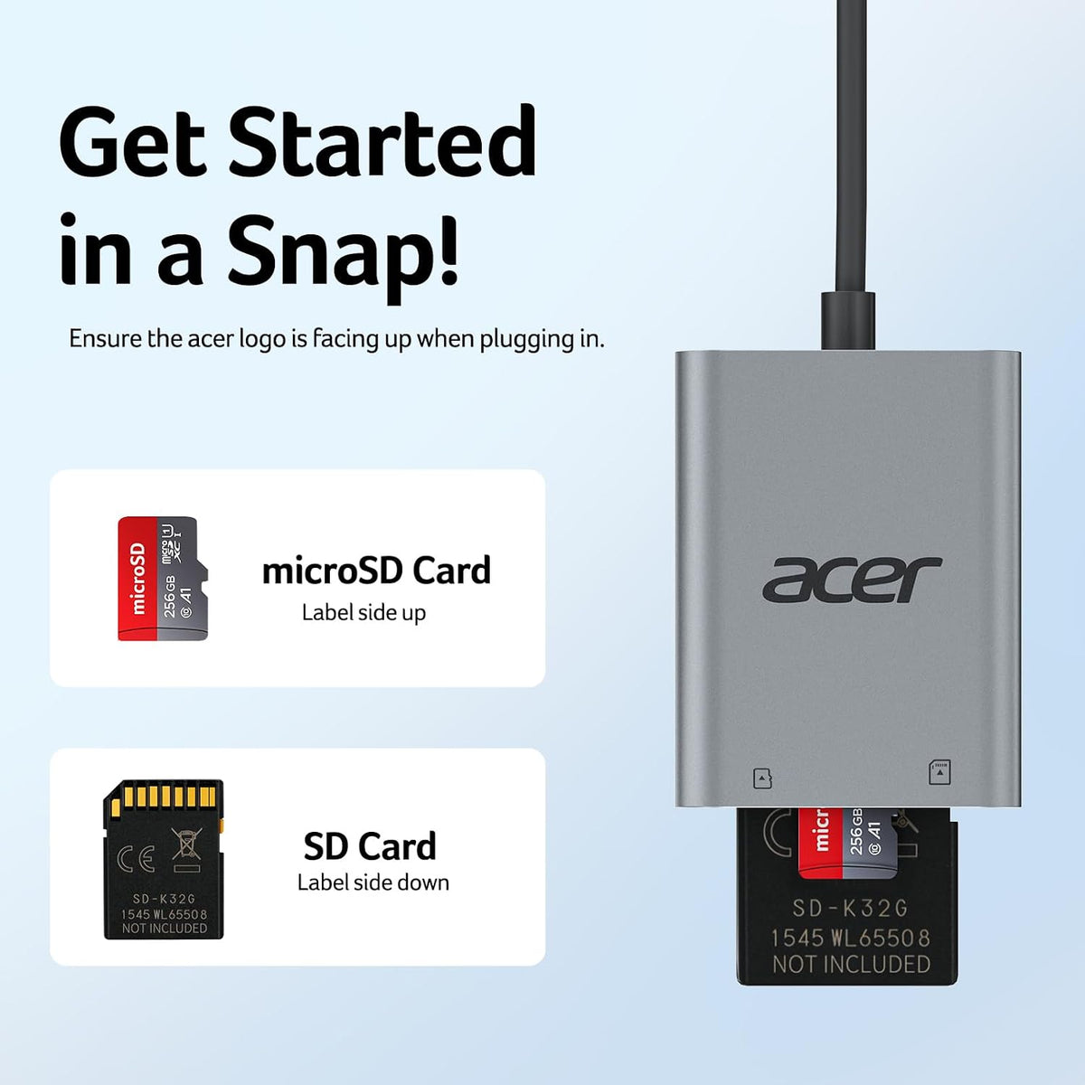 acer USB-C SD Card Reader 170MB/s, Type-C Micro SD Card Adapter Aluminium