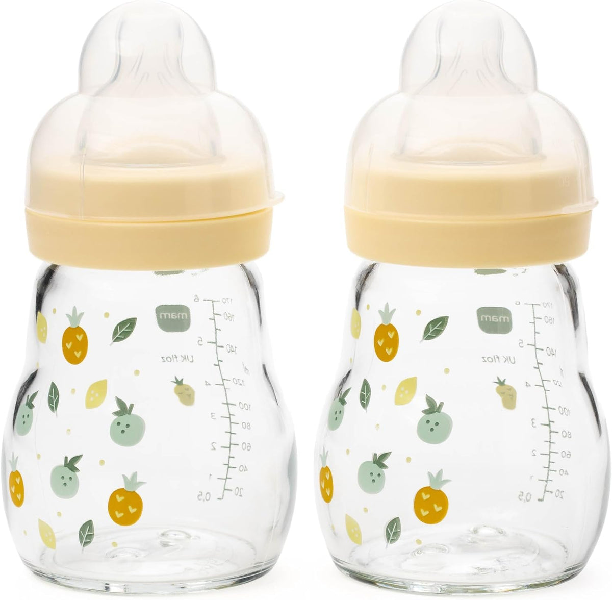 MAM Glass Bottle, 2X 260ml, with SkinSoft Silicone Teat, Yellow
