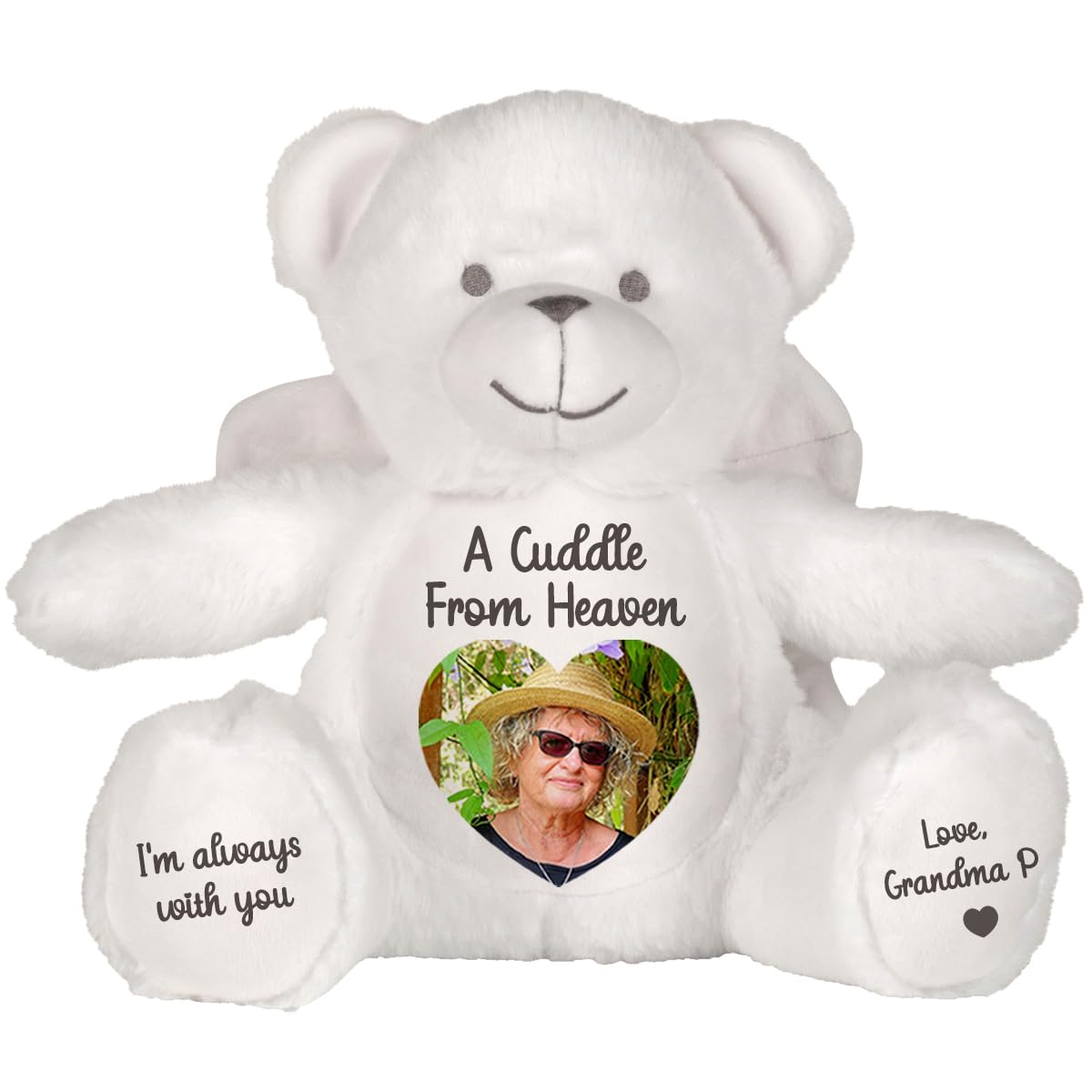 Personalised Memory Teddy Bear with Heart-Shaped Photo – “A Cuddle From Heaven” Keepsake Gift – 28 Bear Styles – Add Your Text & Choose Colour – Custom Memorial Bear (White Angel Teddy)