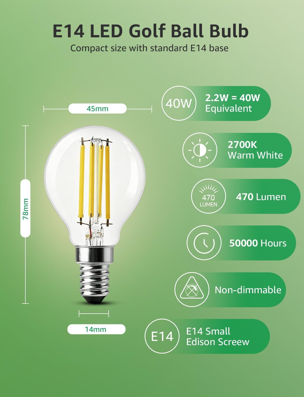Lepro E14 Golf Ball Bulb A-Rated, Warm White, 2.2W = 40W, 470LM, Pack of 2