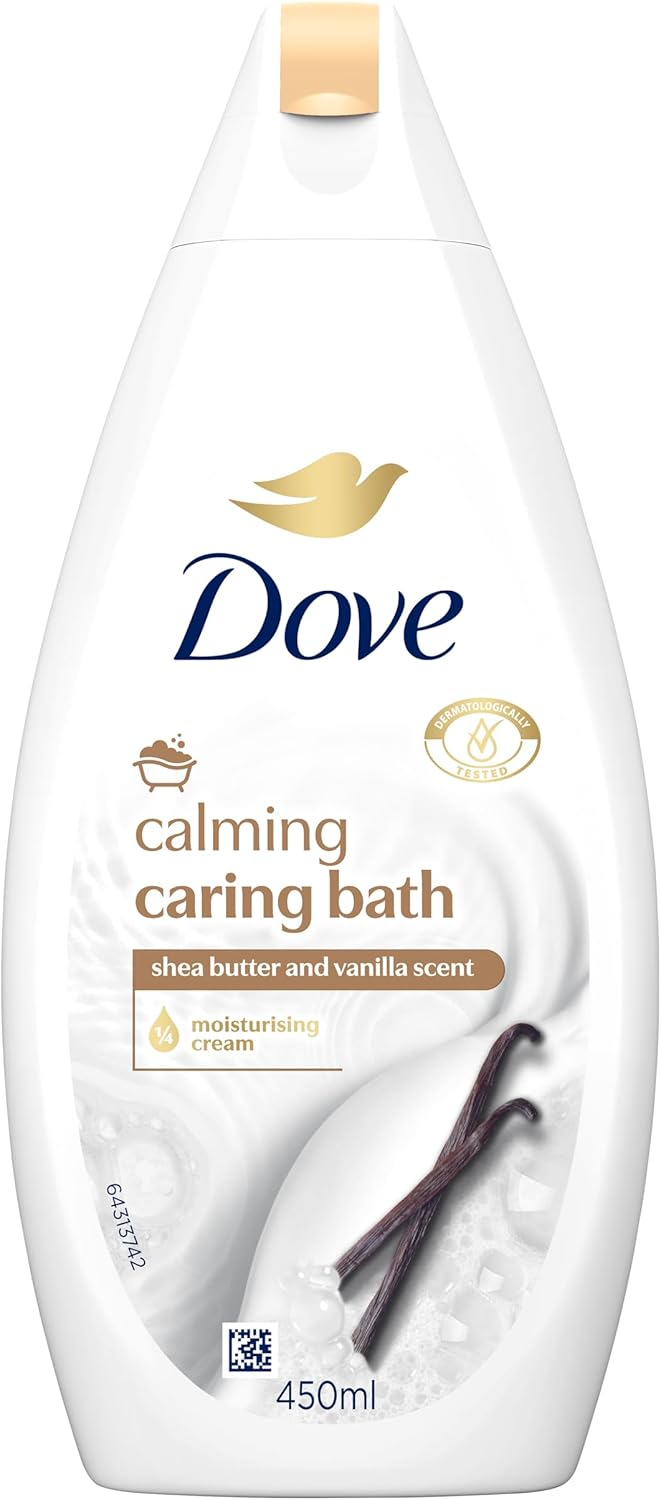 Dove Calming Caring Bath Bath Soak with ¼ moisturising cream, shea butter & warm vanilla for an indulgent bubble bath 450 ml