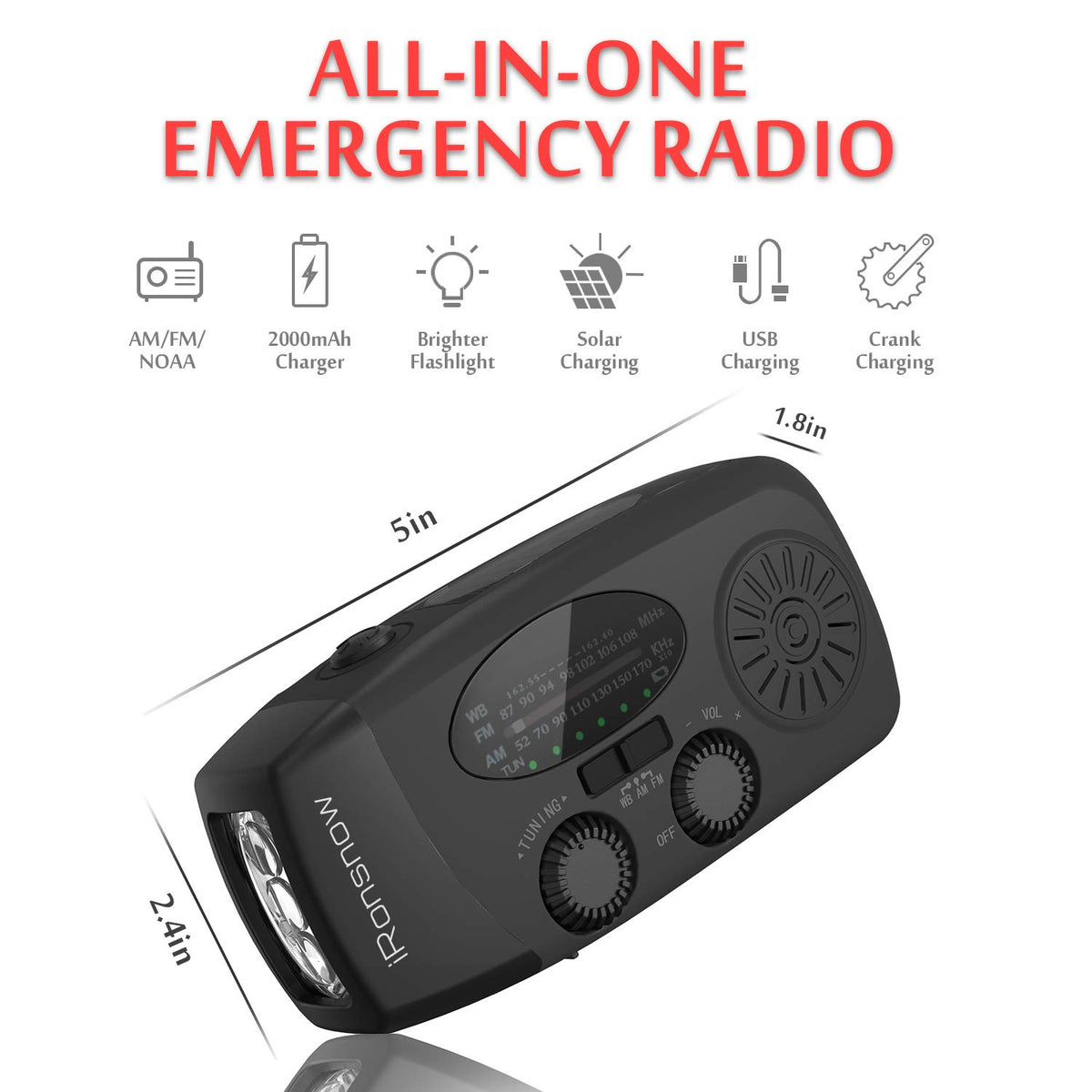 5000mAh Wind Up Solar Radio, Emergency Crank Weather Radio, FM/AM Radios