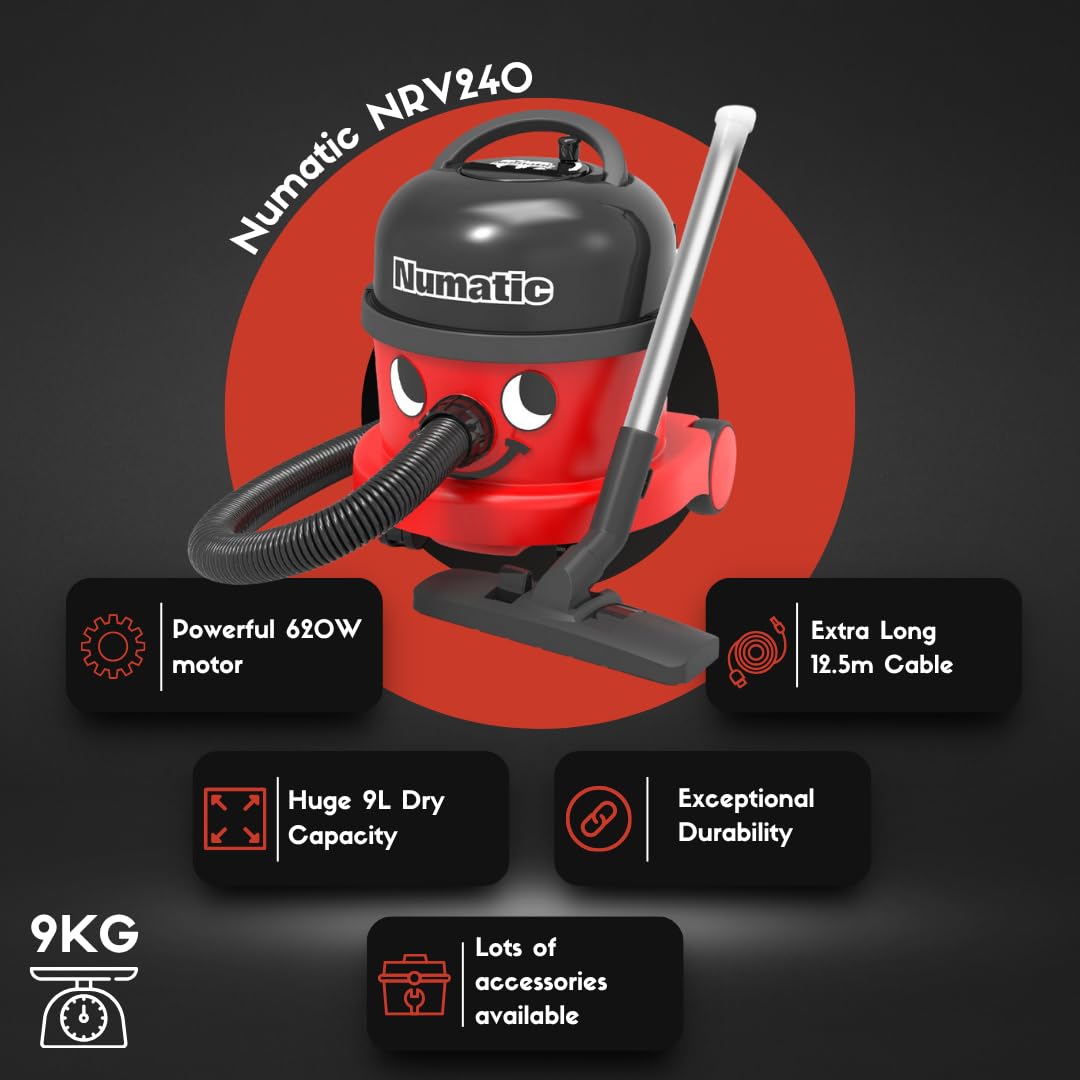 Numatic NRV240-11 Henry Vacuum Cleaner 620W 9L Commercial Dry Red - 3 Years Warranty - 2026 Model