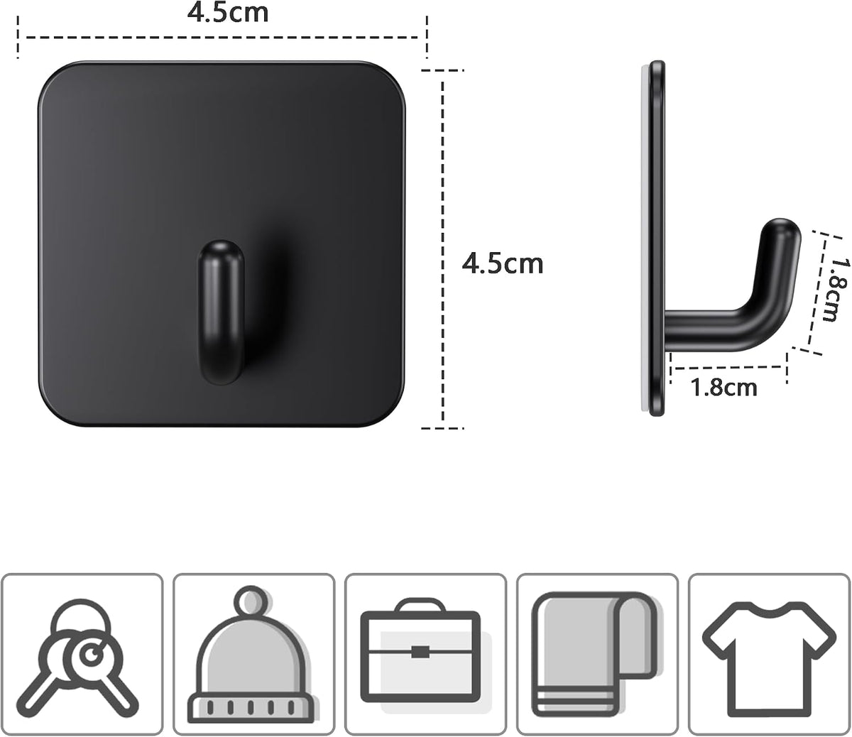Aikzik 6 Pack Self Adhesive Hooks, Stainless Steel Sticky Hook Heavy Duty, Over 8kg Load - Hooks for Hanging for Towel, Coat, Key, Stick on Bathroom, Kitchen, Door and Wall, Black