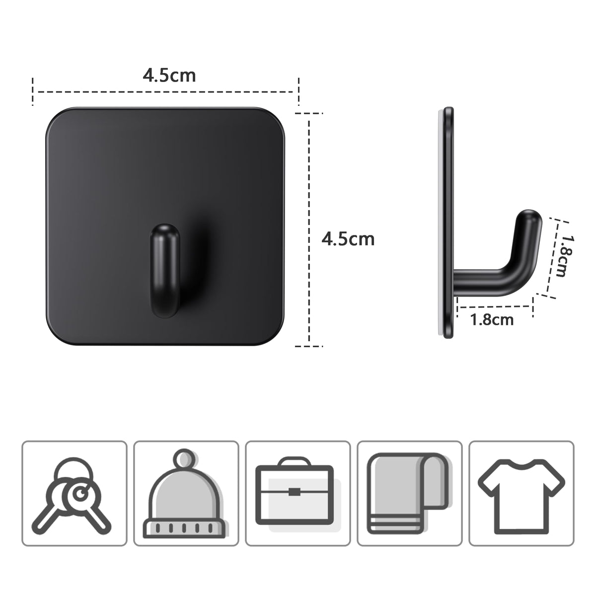 Aikzik 6 Pack Self Adhesive Hooks, Stainless Steel Sticky Hook Heavy Duty, Over 8kg Load - Hooks for Hanging for Towel, Coat, Key, Stick on Bathroom, Kitchen, Door and Wall, Black