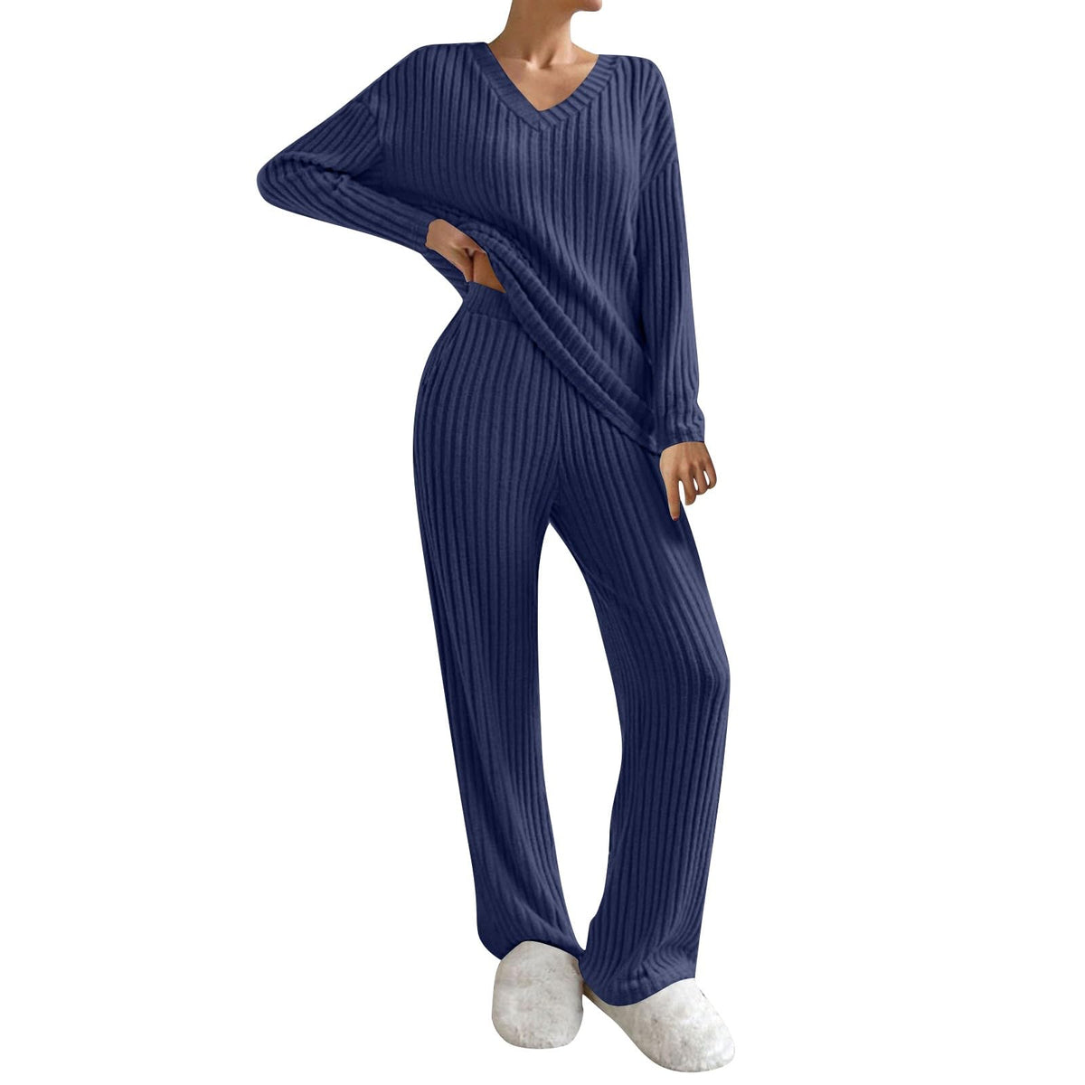 Lounge Wear Sets For Women Uk Womens Pyjamas Set Ladies Pyjamas Two Piece Outfit Fleece Tracksuits V-Neck Long Sleeve Jumpers And Wide Leg Trousers With Pockets Sleepwear Plain Casual Homewear