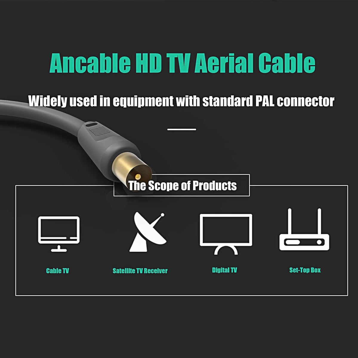 Ancable TV Aerial Cable with Coaxial Adapter 1M Black TV Ariel Lead