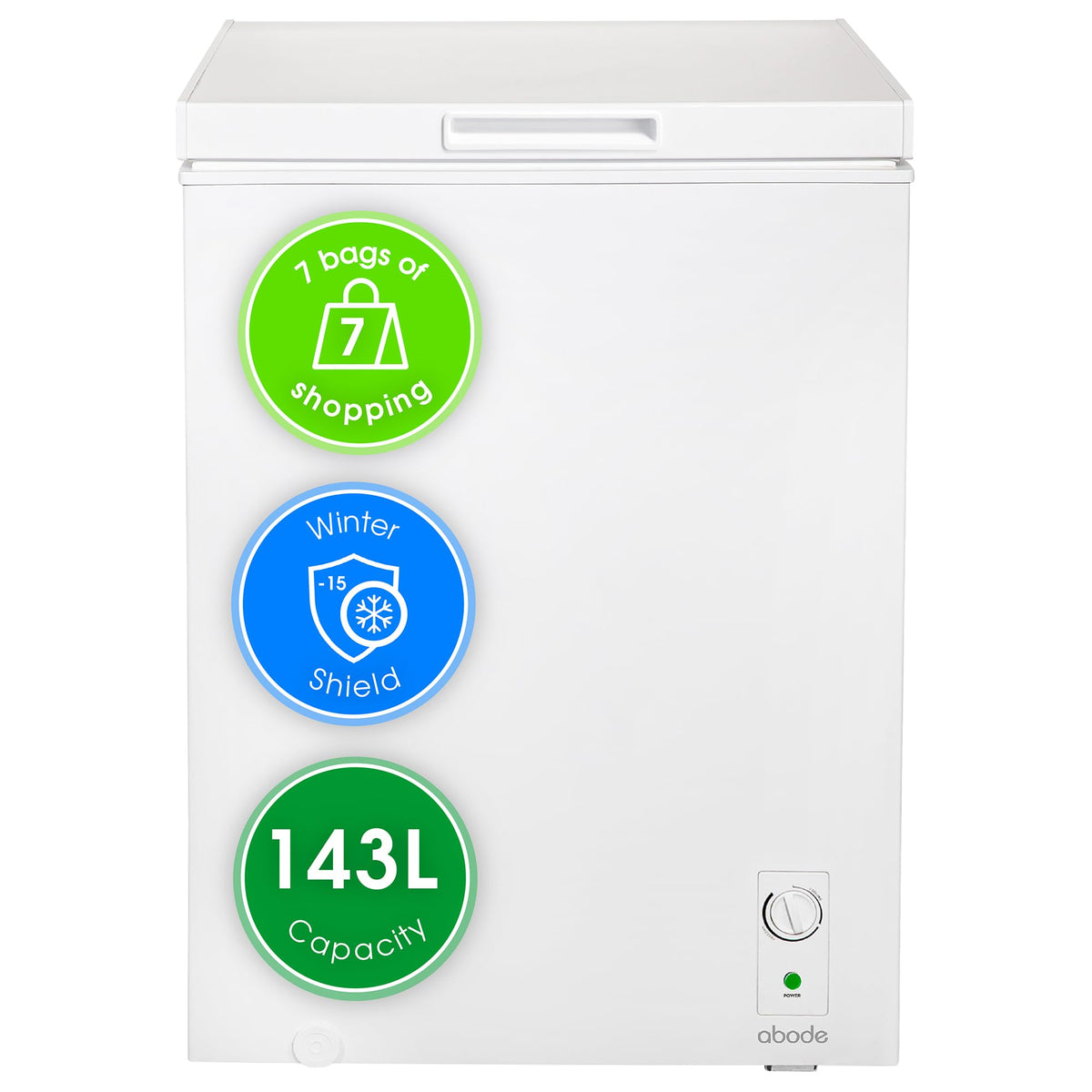 Abode Freestanding White Chest Freezer 99L with Removable Wire Basket & Counter Balance Lid, Adjustable Thermostat, 4 Star Freezer, Suitable for Garages & Outbuildings A99CF0E1W