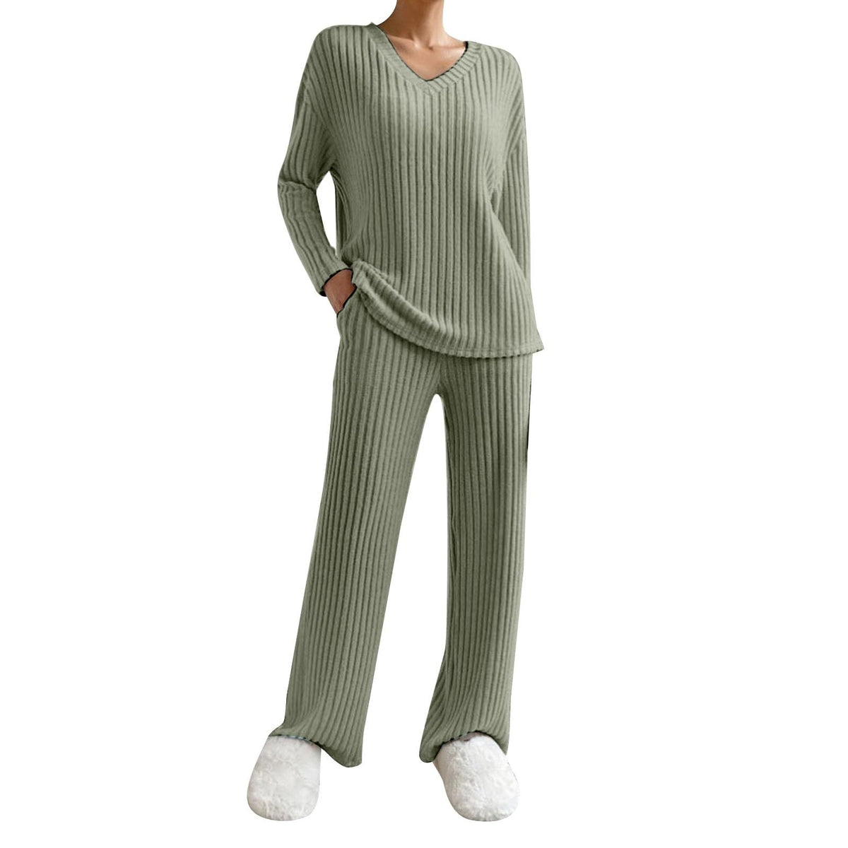 Lounge Wear Sets For Women Uk Womens Pyjamas Set Ladies Pyjamas Two Piece Outfit Fleece Tracksuits V-Neck Long Sleeve Jumpers And Wide Leg Trousers With Pockets Sleepwear Plain Casual Homewear