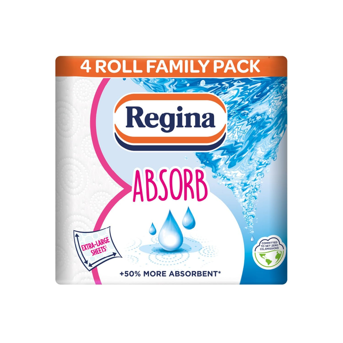 Regina Absorb Plus Kitchen Towels – 8 Super Absorbent 2-ply Kitchen Rolls, 85 Sheets Per Roll, Extra-Large Sheets, 50 Percent More Absorbent Than Previous XXL Products, Easy Open Pack