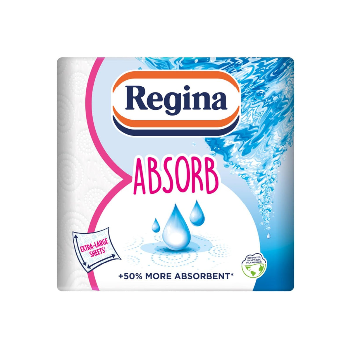 Regina Absorb Plus Kitchen Towels – 8 Super Absorbent 2-ply Kitchen Rolls, 85 Sheets Per Roll, Extra-Large Sheets, 50 Percent More Absorbent Than Previous XXL Products, Easy Open Pack