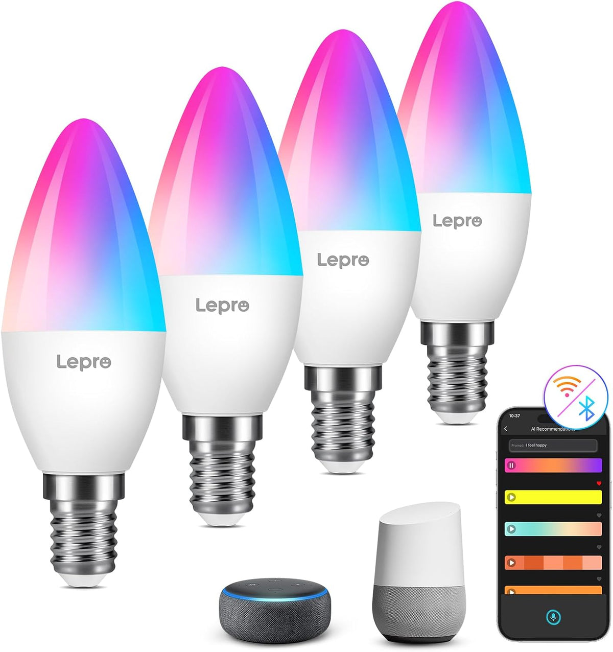 Lepro AI Smart Bulb E14, Colour Changing, Dimmable, Works with Alexa/Google