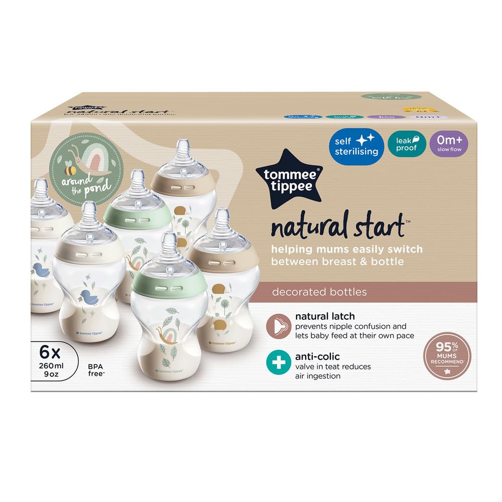 Tommee Tippee Natural Start Baby Bottles for 0m+, Pack of 6 260ml Baby Bottles, with Slow Flow Breast-Like Teat for a Natural Latch, Self-Sterilising and BPA Free, Baby Feeding Essentials, Colourful