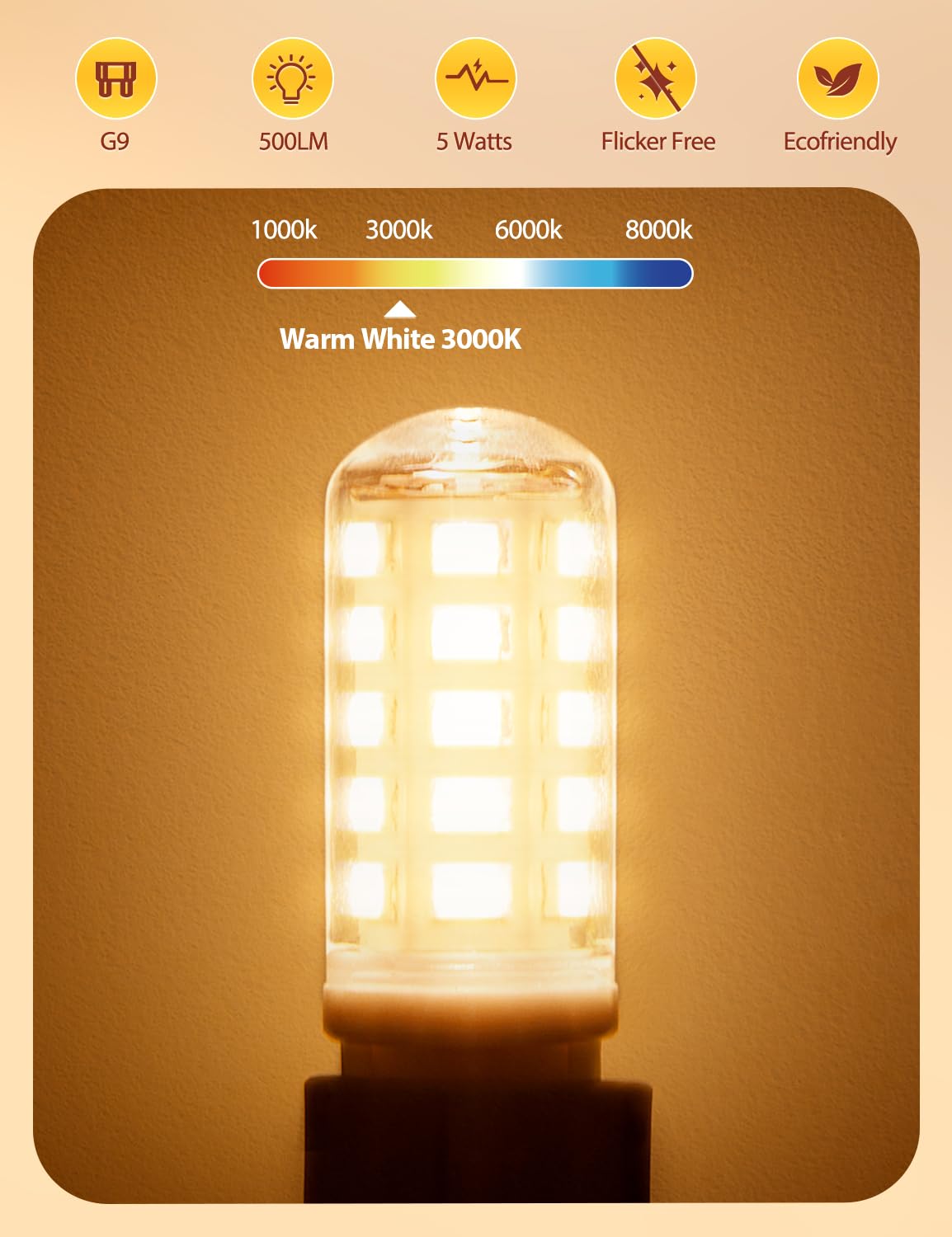 G9 LED Bulbs Cool White, 5W(45W Equivalent) 6000K, 500LM, Pack of 5