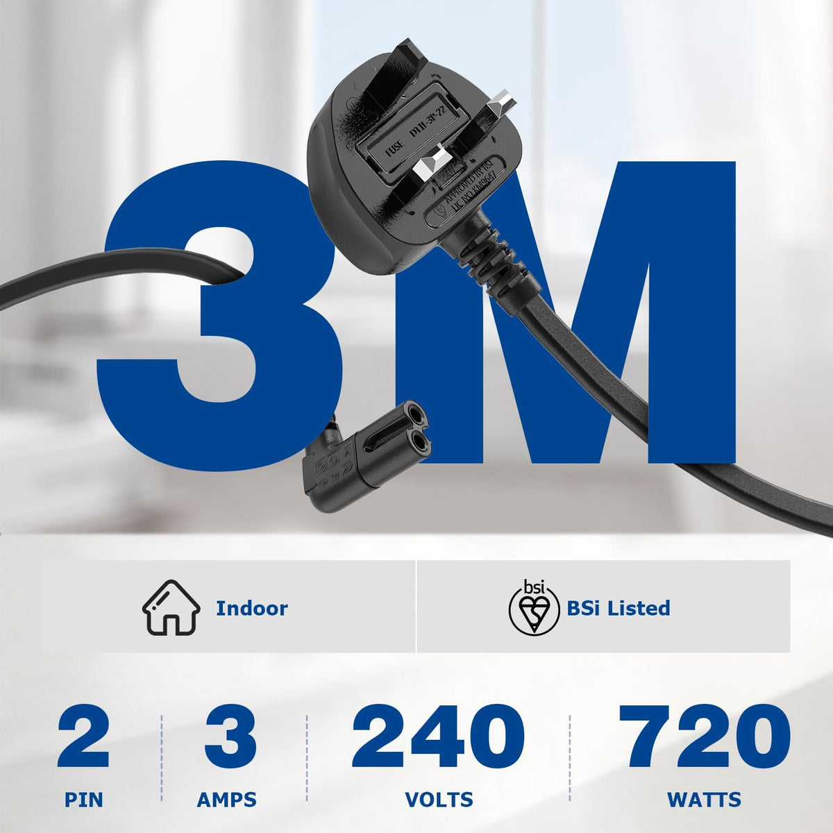 2M Power Cable Compatible with Samsumg TV, Mellbree Quality Safe Right Angle Suitable for Awkward Space Figure 8 Power Cable Compatible with Samsung, LG, Panasonic TV Black