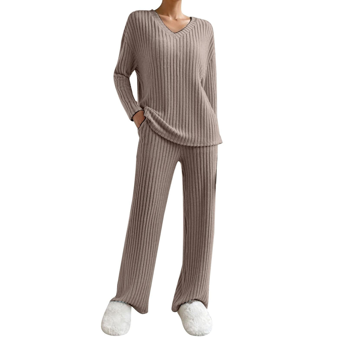 Lounge Wear Sets For Women Uk Womens Pyjamas Set Ladies Pyjamas Two Piece Outfit Fleece Tracksuits V-Neck Long Sleeve Jumpers And Wide Leg Trousers With Pockets Sleepwear Plain Casual Homewear