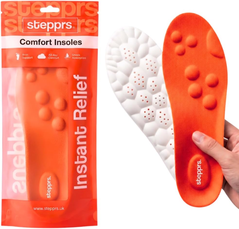 Original Stepprs Comfort Boosting Massage Insoles, 4D Memory Foam Thermal Insoles with Arch Support for Men and Women (Orange, EU 45-46)