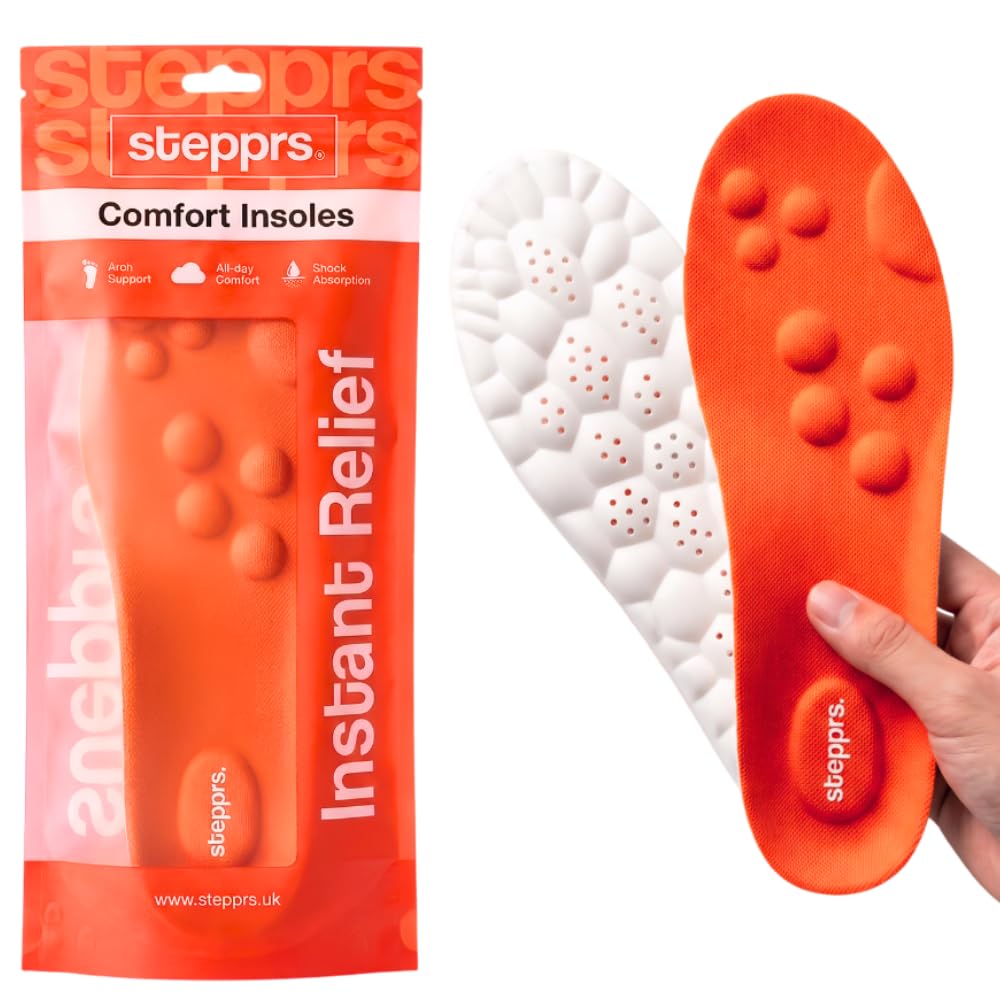 Original Stepprs Comfort Boosting Massage Insoles, 4D Memory Foam Thermal Insoles with Arch Support for Men and Women (Orange, EU 45-46)