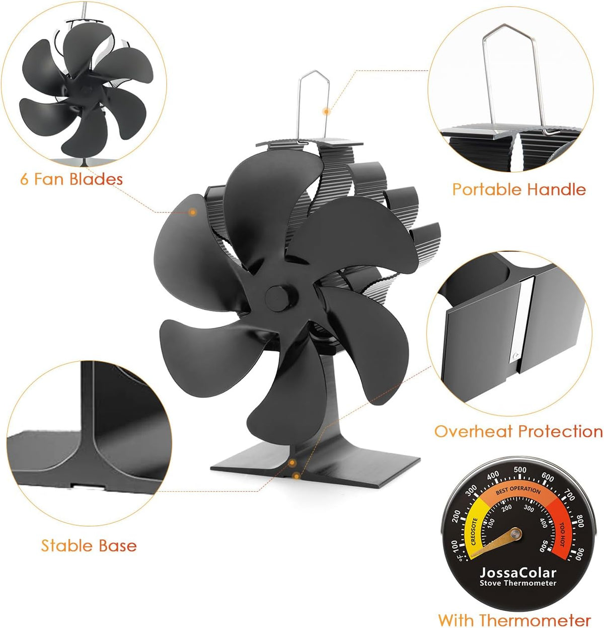 JossaColar Log Burner Fan Silent Operation | 6-Blade Stove Fans Log Burners | Wood Burner Fans Heat Powered | Fan for Wood Burning Stove | Fireplace Accessories Tools