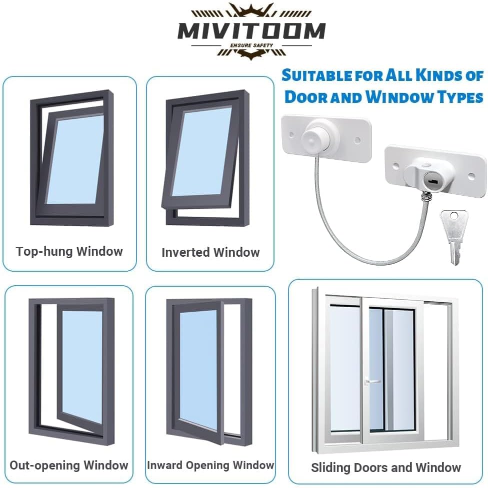 8Pcs Window Locks for UPVC Windows, MIVITOOM Window Cable Restrictor Window Safety Locks with Keys and Screws for Child & Pet Safety, Self Adhesive