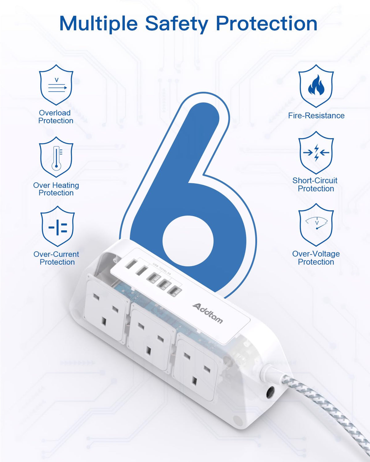 Addtam Extension Lead with USB Slots, 6 Way Outlets 5 USB(5A, 3USB- C Port)