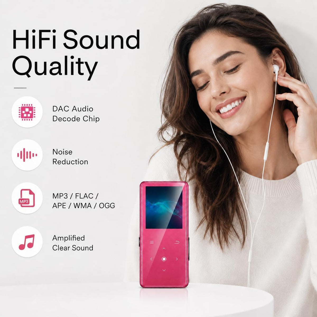64GB MP3 Player with Bluetooth 5.2, AiMoonsa Music Player with Built-in HD Speaker, FM Radio, Voice Recorder, HiFi Sound, E-Book Function, Earphones Included