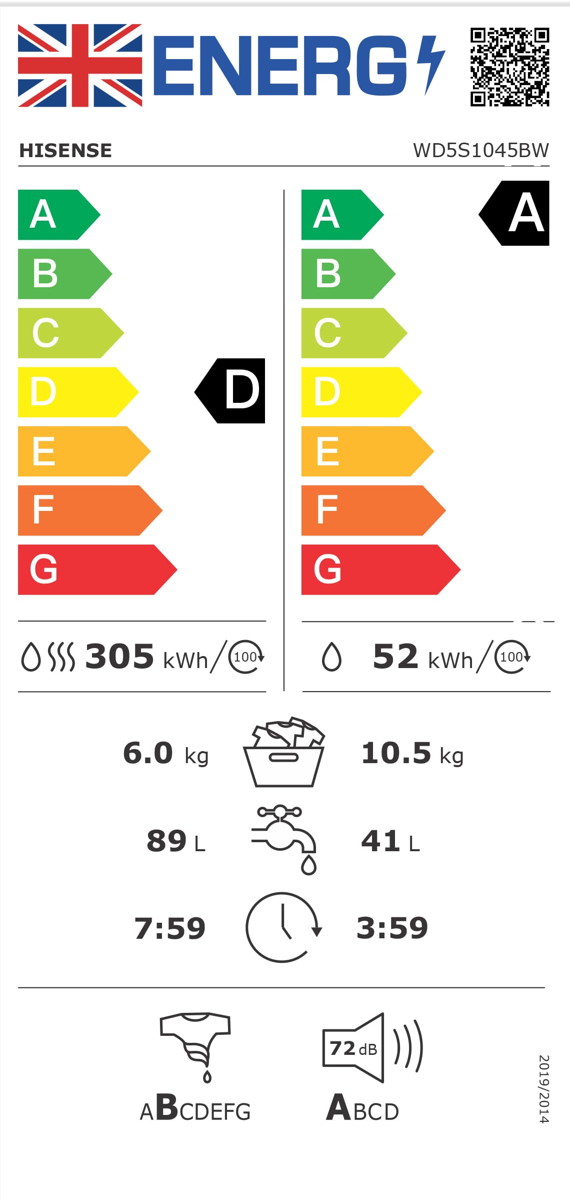 Hisense 3S Series WD3S8043BB3 Wifi Connected 8Kg and 5Kg Washer Dryer with 1400 rpm - Black - A-D Rated