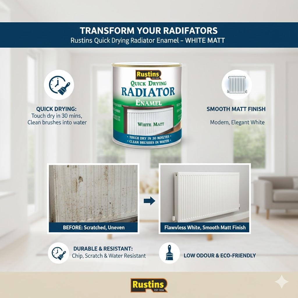 RUSTINS Quick Drying Radiator Enamel Satin - Black 500ml – Durable, Long-Lasting Finish for Radiators That Stands the Test of Time